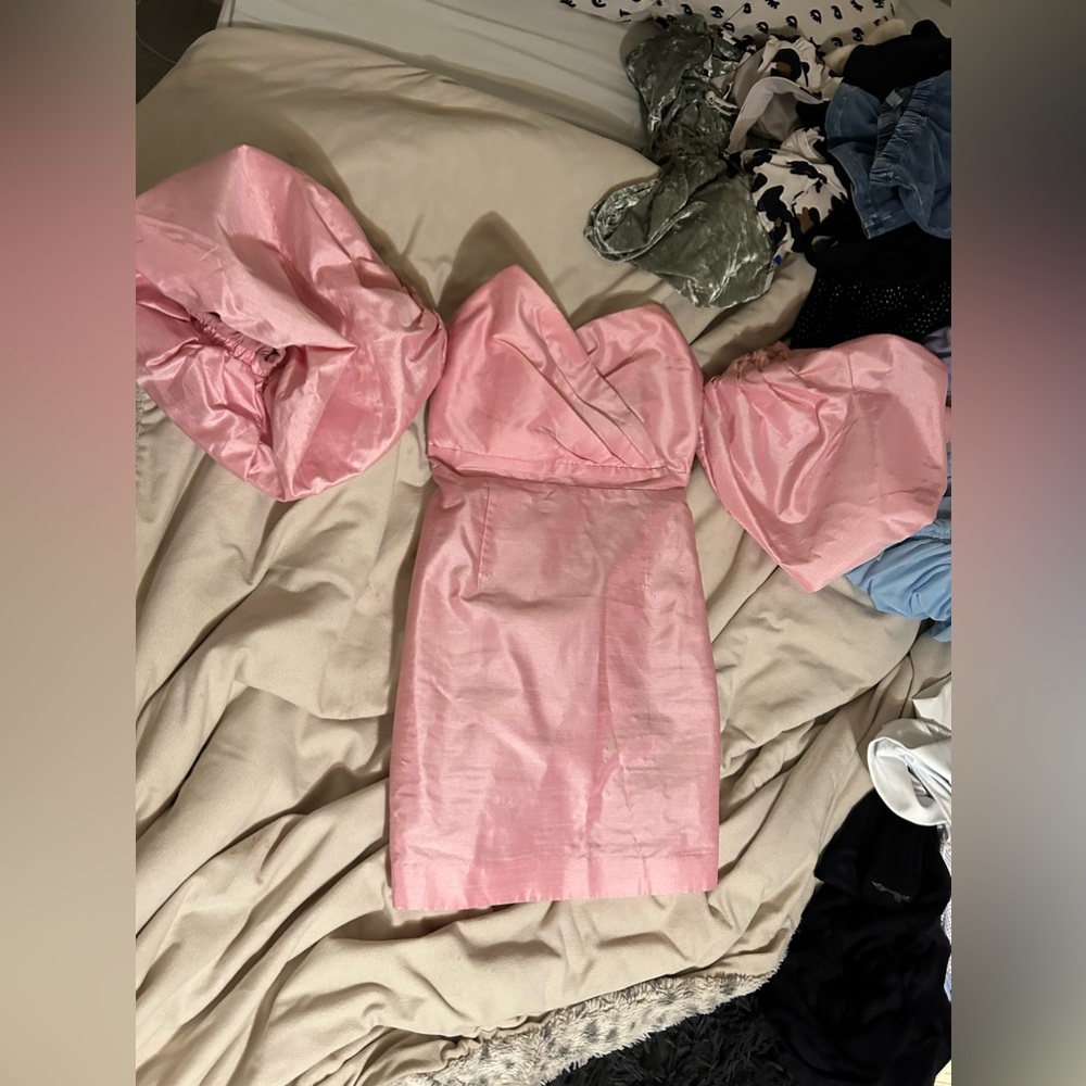 pink homecoming formal dress puff sleeve